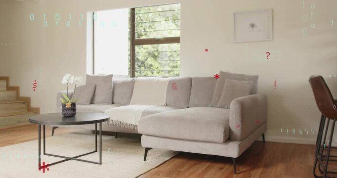 Light gray sofa staying static as binary digits, icons and code forming dense overlays