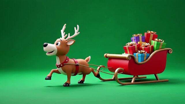 Animated christmas reindeer pulling a red sleigh full of colorful wrapped gifts on green background