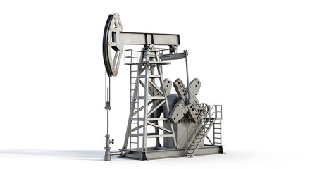 Industrial oil pumpjack machinery for crude extraction on white background.