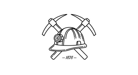 Mining Helmet and Pickaxes Crosses Line Art Illustration.