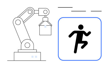 Robotic arm beside an active human icon in a blue frame. Ideal for collaboration, automation, technology, progress, industry, workforce shifts, efficiency. A simple flat metaphor