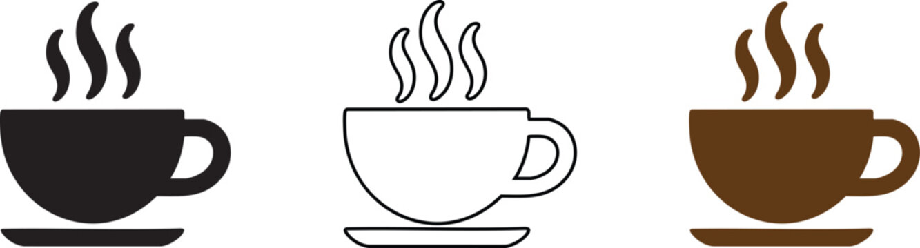 Three stylized coffee cups with steam rising presented in black outline and brown variations