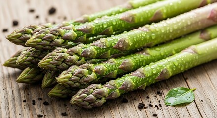 Fresh green asparagus spears on a rustic wooden surface, close-up shot.