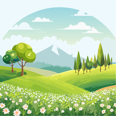 spring landscape with trees in the foreground and green hills covered by blooming flowers