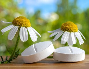 Close-up of two chamomile flowers with tablets on wood, nature background