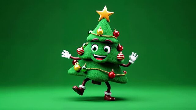 Animated Christmas tree character dancing joyfully with festive decorations on green background