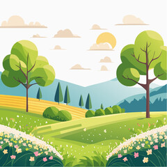 Naklejka premium spring landscape with trees in the foreground and green hills covered by blooming flowers