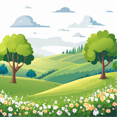 Naklejka premium spring landscape with trees in the foreground and green hills covered by blooming flowers