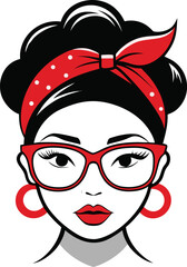 a messy bun. It features a woman's face with red lips, red headband with dots tied into a bow at the top, and large red-framed glasses
