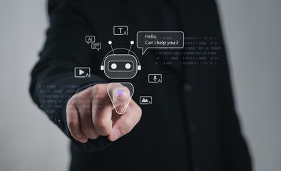 Artificial intelligence chatbot assistant with speech bubble saying “Hello, can I help you?” representing virtual communication, automation, online service, and AI customer interaction technology.