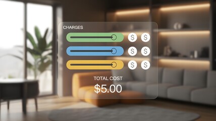Futuristic transparent digital display with customizable charge sliders, a financial services, expense management, and cost breakdown on a modern tech interface.