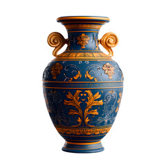 Ancient ornate blue and gold amphora vase with decorative handles isolated on transparent background