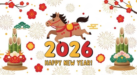 走るかわいい茶色の馬（午）のキャラクター 2026年年賀状