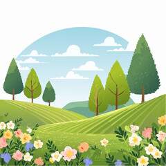 Obraz premium spring landscape with trees in the foreground and green hills covered by blooming flowers