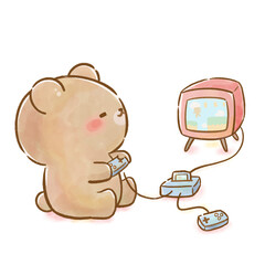 Watercolor Cute Bear Playing Retro Game / ゲームをする水彩くま（コピースペースあり）