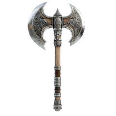 Ornate double bladed battle axe with intricate metalwork and wooden handle isolated on transparent background