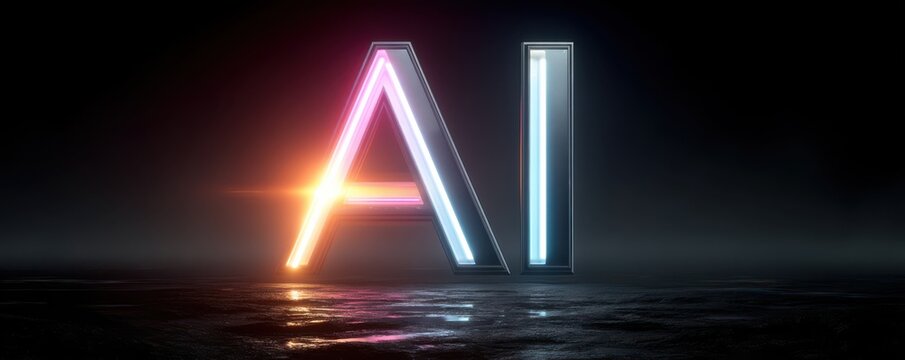 Futuristic neon AI text design with glowing effects over reflective surface