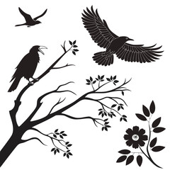 Fototapeta premium Silhouettes of birds on branches with leaves and flower on white background crow