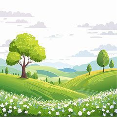 Fototapeta premium spring landscape with trees in the foreground and green hills covered by blooming flowers