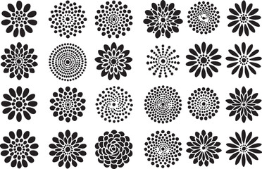 Minimalist Floral Circle Logo Set. Abstract Black & White Dotwork Geometric Ornaments Collection.
