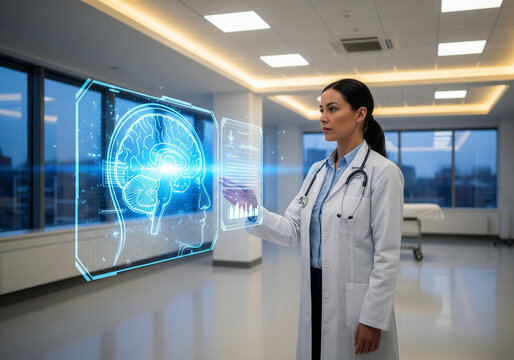 Healthcare Professional Analyzing Brain Scan with Futuristic Interface