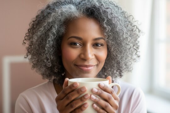Mature african american woman with gray curly hair smiling while holding a coffee mug. Portrait of a happy person enjoying a moment at home. Menopause and positive aging concept