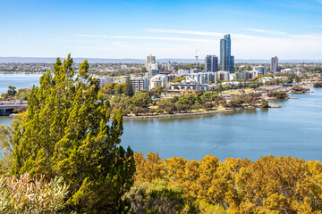 The city of Perth and the Swan River viewed from Kings Park and Botanic Garden, Perth, Western Australia, WA, Australia