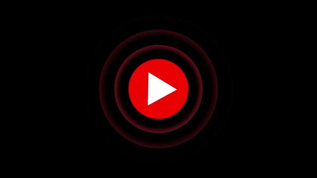 Red play button icon with glowing red concentric circles on black background Keywords: play button, play icon, video, media, entertainment, start, play, symbol, sign, graphic, design, digital