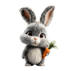 Obraz premium Adorable fluffy gray bunny rabbit holding a fresh carrot isolated on transparent background