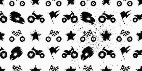 Seamless pattern of black silhouette quad bikes checkered flags and stars with paint splatters