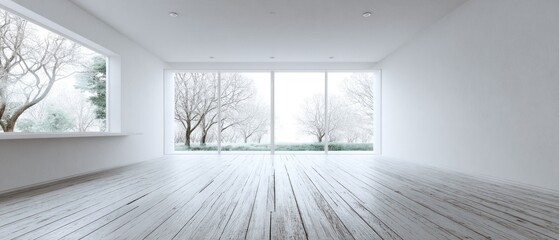 Fototapeta premium Minimalist Winter Scene: Empty Room with Large Windows, Snowy Trees, and White Interior.