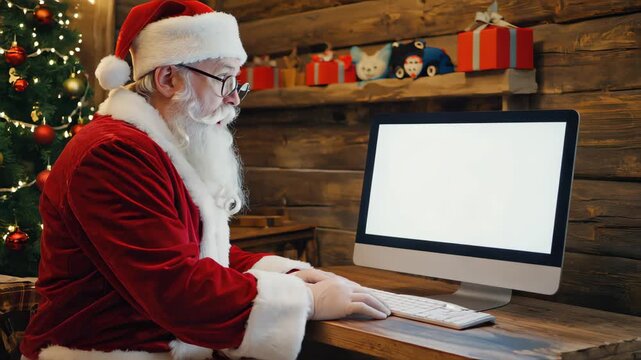 Santa Claus sitting at a wooden desk, wearing classic red suit and hat, looking shocked at a large modern computer screen, Christmas tree glowing in the background