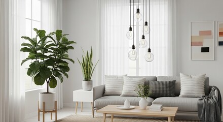 Modern living room showcasing minimalist decor with a gray sofa, potted plants, and hanging light fixtures, creating a serene and stylish atmosphere.