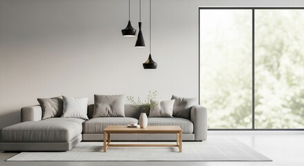 Modern living room showcasing a gray sectional sofa and wooden coffee table in a minimalist interior with large window overlooking nature, creating a serene atmosphere.