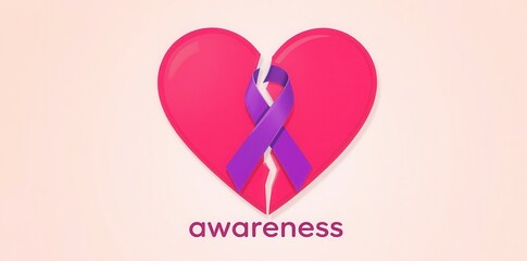 Purple awareness ribbon over a cracked pink heart symbolizing support and awareness. Health campaign and charity concept for various causes. Graphic illustration with copy space