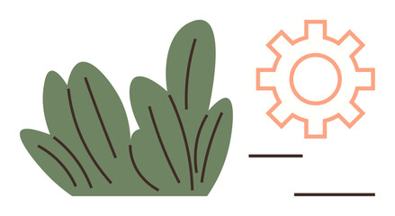 Leafy green bush paired with orange gear and minimal lines. Ideal for sustainability, technology, innovation, eco-friendliness, energy, development, balance. Simple flat metaphor