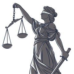 Statue of justice holding scales and sword, blindfolded