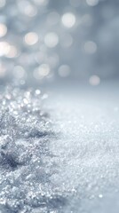 Sparkling snowflakes and frost crystals in soft winter sunlight with bokeh background