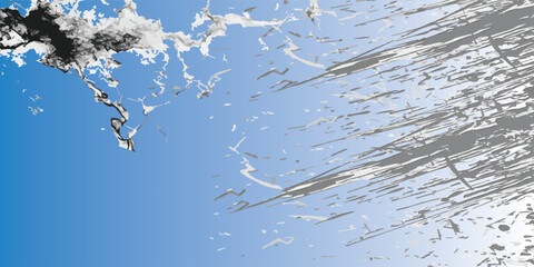 Abstract grayscale and blue ink splatter painting with textured brushstrokes.