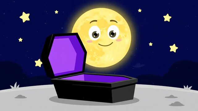 Cartoon coffin under smiling moon with stars night sky illustration