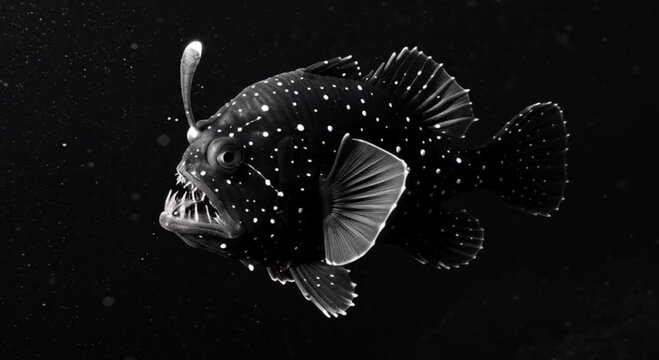 A Close Up of a Black Anglerfish with White Spots in the Dark Deep Ocean