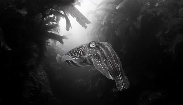 A captivating cuttlefish swims gracefully amidst the kelp forest in a black and white scene
