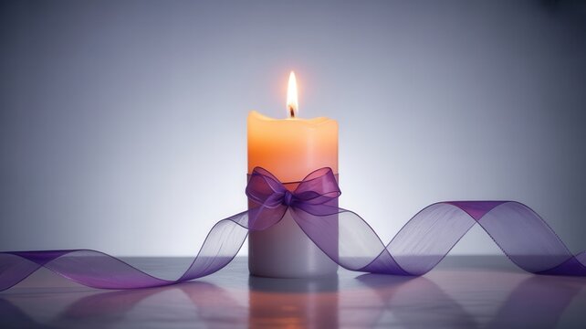 A single burning candle with a purple ribbon on a reflective surface. Concept of remembrance, hope, and spirituality with copy space