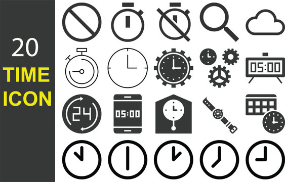 20 Essential Time Management Icons: Line Art Clock, Schedule, and Hourglass Vector Graphics