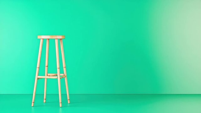 Stylish wooden stool against vibrant green background for modern interior design and minimalistic decor inspiration