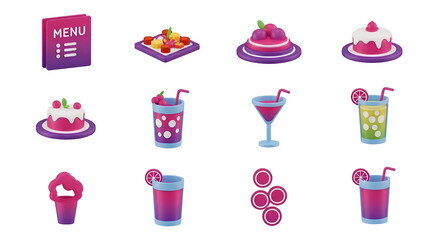 Collection of colorful food and drink icons isolated on transparent background