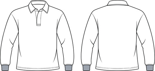 Technical polo shirt sketch, long sleeves, ribbed cuffs and hem, button placket, classic collar, fashion flat, garment design, apparel illustration