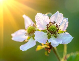 Close-up of two delicate white flowers bathed in sunlight