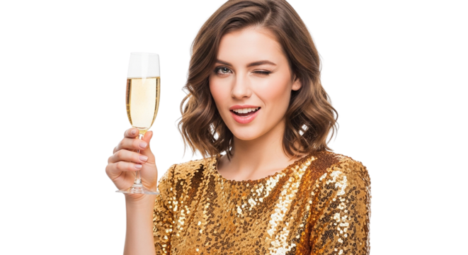 Young woman with a smile holding a champagne glass to celebrate a party