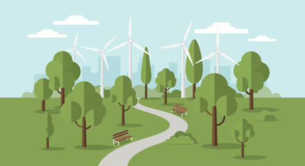 Minimalist Vector Illustration of Wind Turbines and Trees in Eco Friendly Nature Scene in Green Style